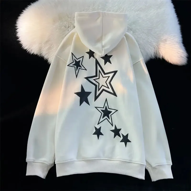 MAEHARRT Women's Y2K Hoodie - Star Graphic Zip-Up Crewneck, Vintage Goth Harajuku Streetwear