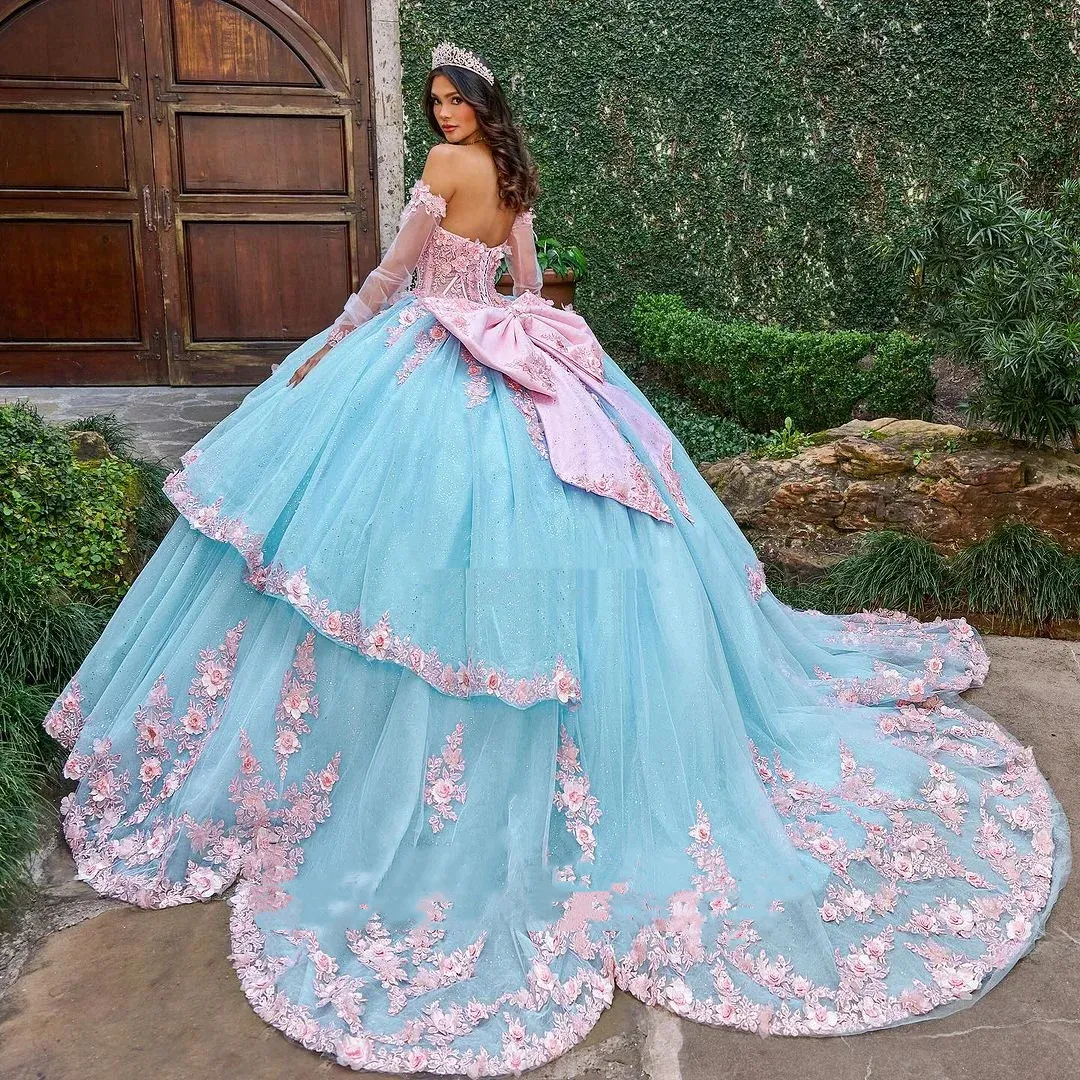 strapless open back dress Floral 3D Appliqué Gown with Detachable Cape Sleeves – Light Blue & Blush Pink Prom Dress Pre-Order Size 6 / Pink main image 0