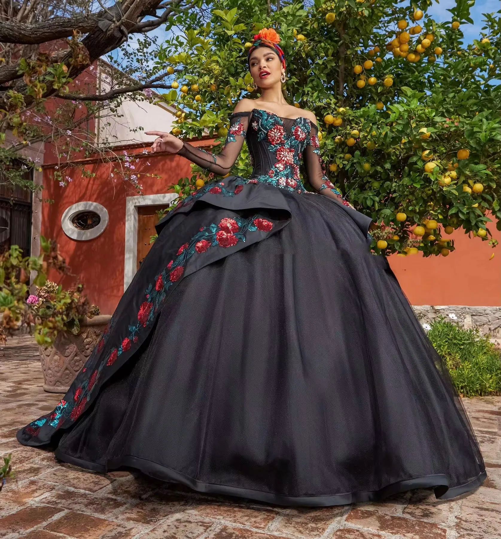knee length dresses for ladies Black Ball Gown Quinceanera Dresses with Flowers, Black / 14 main image 1