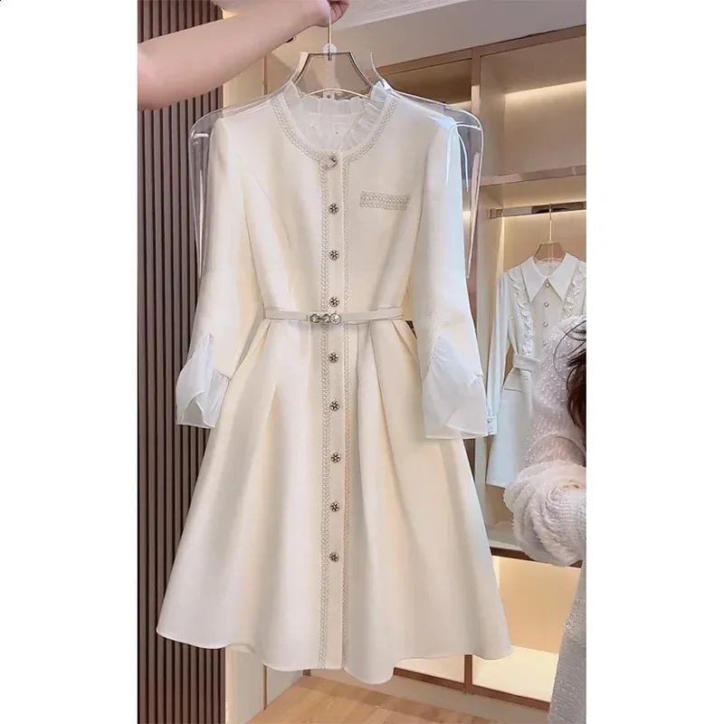 Elegant Womens Tweed Midi Dress with Ruffles and Patchwork