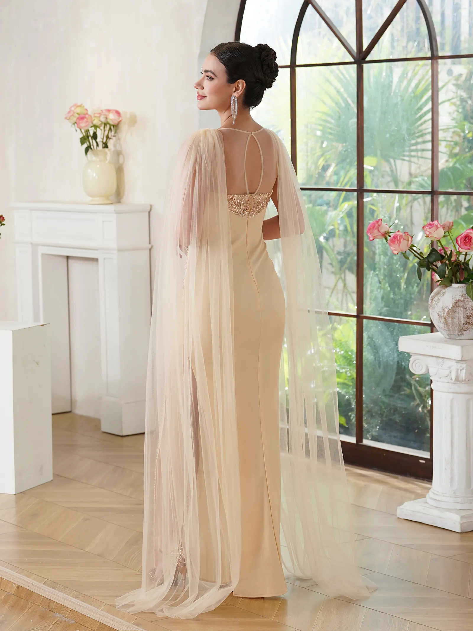 Sleeveless Trumpet/Mermaid gold homecoming dress long with Side Split, Appliques, and Scoop Ruffles - Perfect for Graduation, Prom, or Tail Gowns (