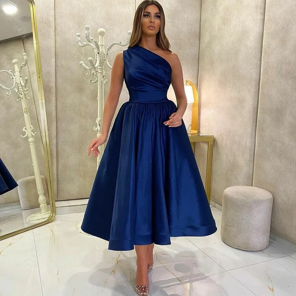 Royal Blue Satin One Shoulder One Shoulder Occasion Dress - A-Line Tea Length Ball Style for Plus Size Cocktails (240801) Elegant Royal Blue Satin One-Shoulder Cocktail Party Dress for Curvy Women  from Dhgate Runway Dresses - price 172.72