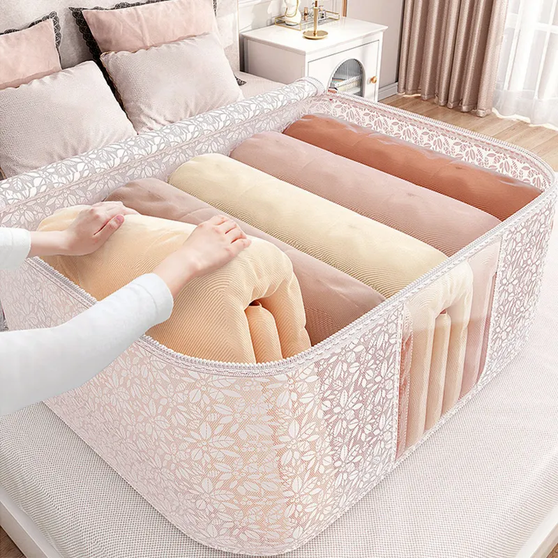 Underbed Storage Bags 2024 Cotton Quilt Clothes Storage Organizer Soft Blanket Duvet Organizer Foldable Storage Box with Zipper Nordic Style
