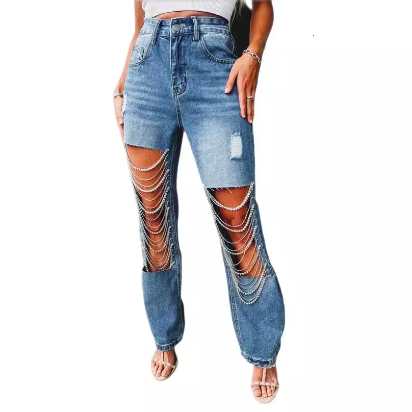 Womens Straight Leg Jeans With Large Holes, Chain, And Rhinestone