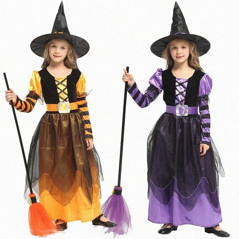 Soarea Witch Costume Deluxe Set For Girls - Purple Halloween Dress With Hat, Wand & Candy Bag - View #4
