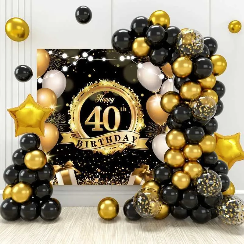 Black Gold Happy Birthday Door Banner - 6x3 Foot Party Backdrop With Hanging Rope