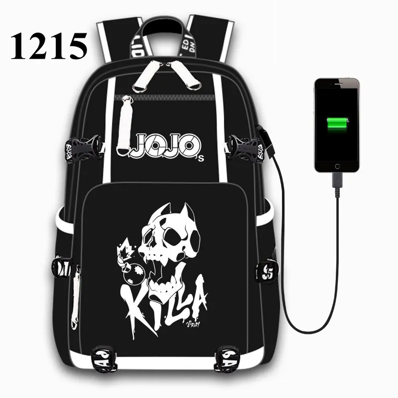 Black JoJos Bizarre Adventure USB Port Backpack School Book Bag