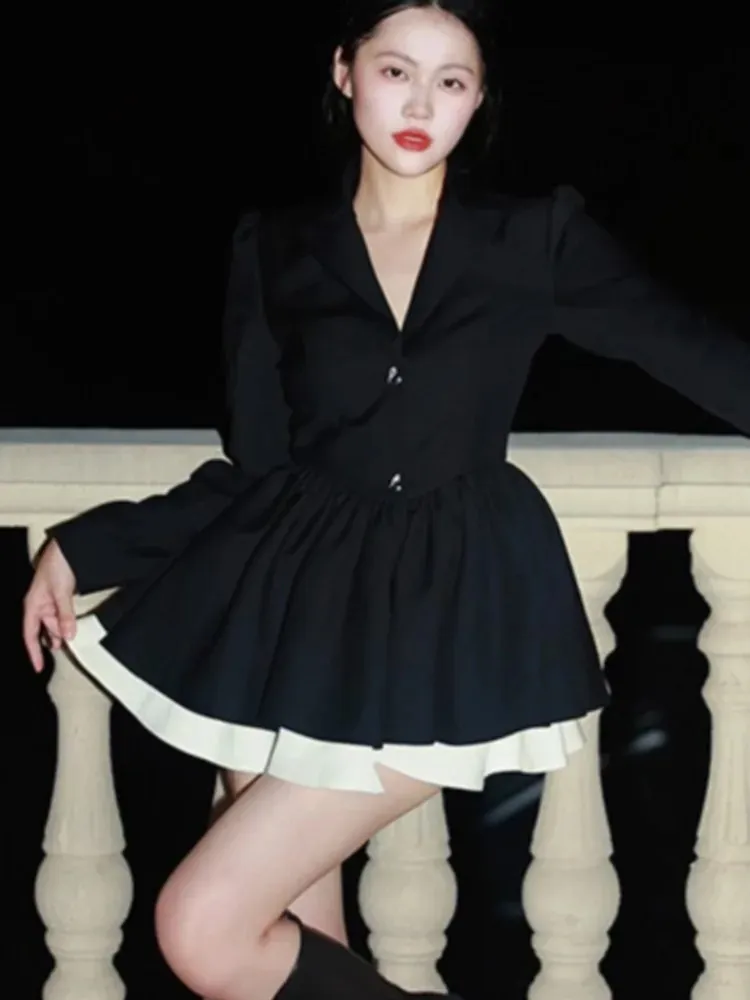 Korean Clothing Womens Black Suit Dress: Long Sleeve Lapel A-Line, Kawaii  Style Spring & Autumn Women Birthday Outfits