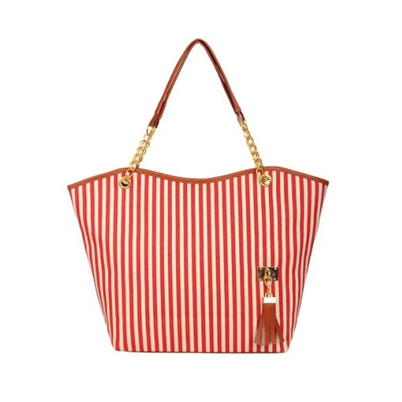 2018 Canvas Women Handbag Fashion Casual Vertical Striped Women s Handbags Double Handle Tassel Large Shoulder Bag Borsa Donna
