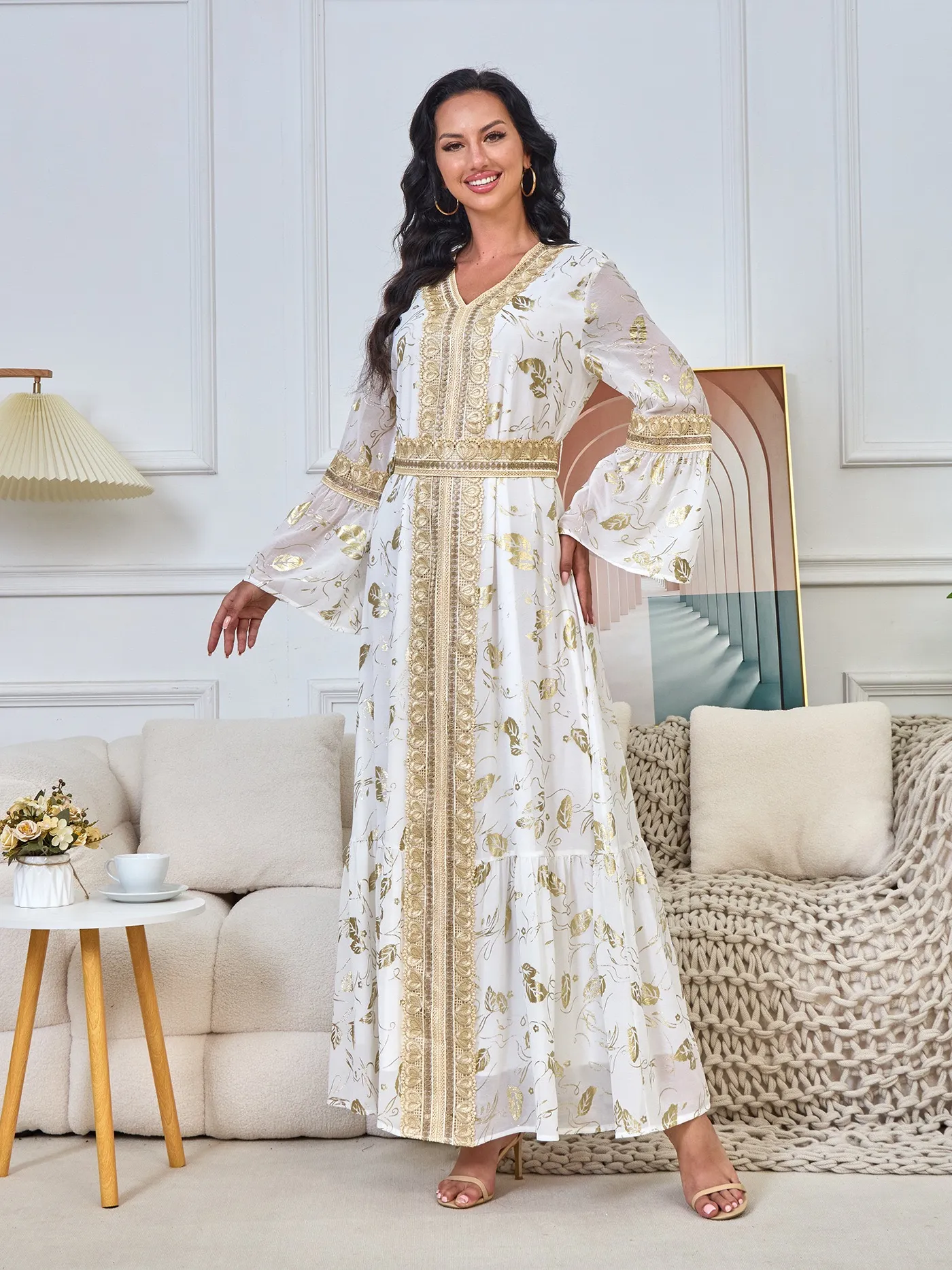 2024 White Gold Arabic Prom Dress with Sheer Neck Sleeves and Chiffon Fabric - Customizable Plus Size Party Gown with abendkleider Ruched Detailing