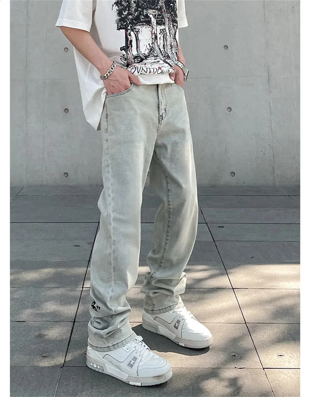 Mens Y2K Vintage Graphic Print Skinny Denim Jeans Casual