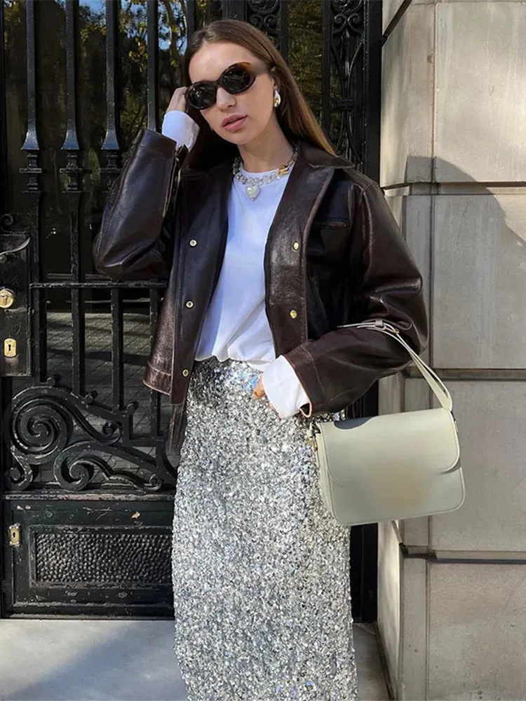 Cropped Quilted Jacket Womens Faux Leather Short Jacket Vintage