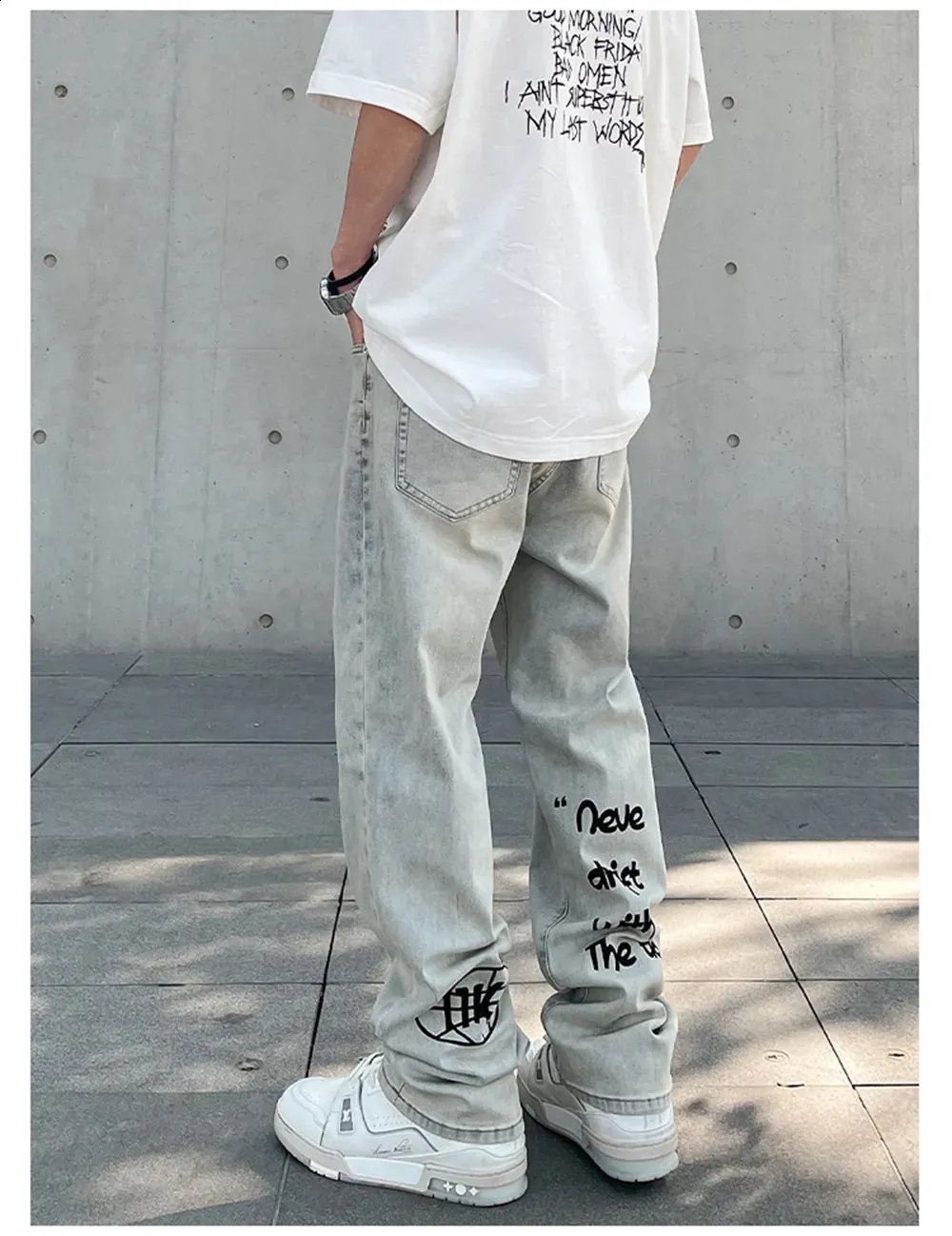 Mens Y2K Vintage Graphic Print Skinny Denim Jeans Casual