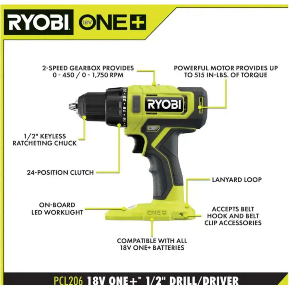 Drill Driver Ryobi P215 Manual Driver RYOBI 18V ONE+ 1/2 Drill