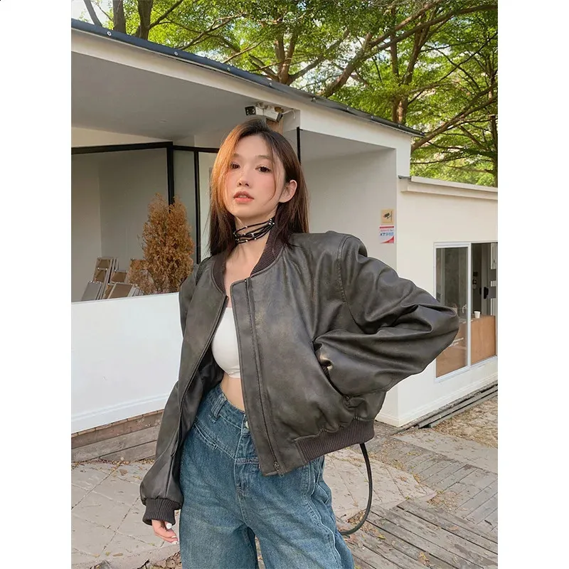Womens Y2K Vintage PU Leather Bomber Jacket With From