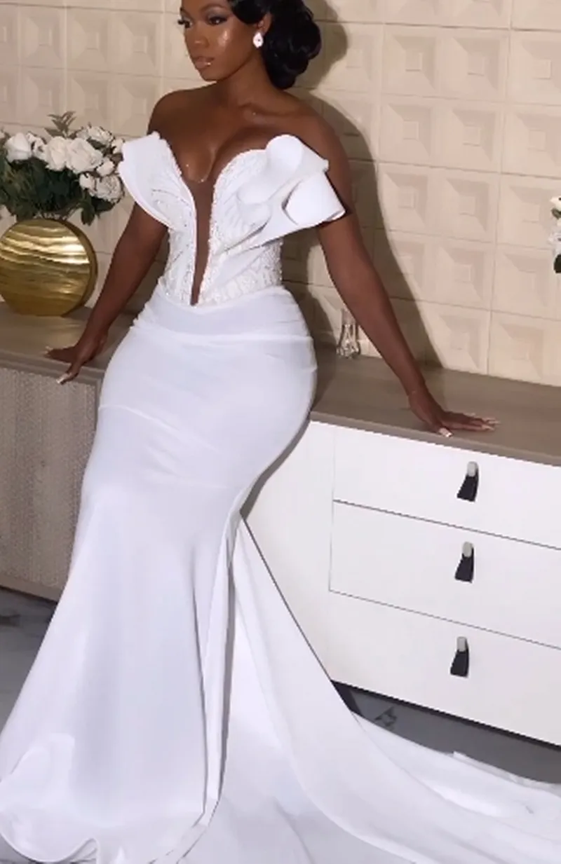 White Satin Mermaid wedding dress guest dresses with...