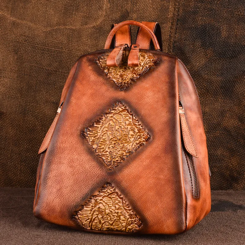 Handmade Retro Embossed Floral Softback Backpack For Women  display picture 1