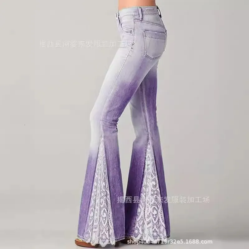 DHgate.com:Womens 2024 Gradient Lace Patchwork Flared Denim