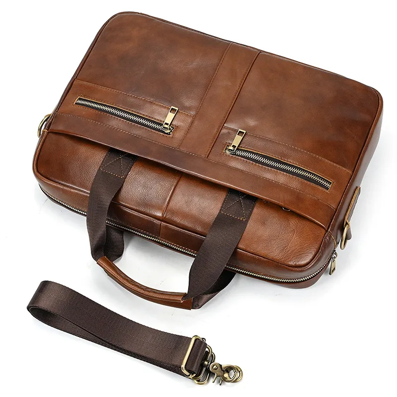 Mens Leather Briefcase Top Grain Cowhide Business Bag, Inch