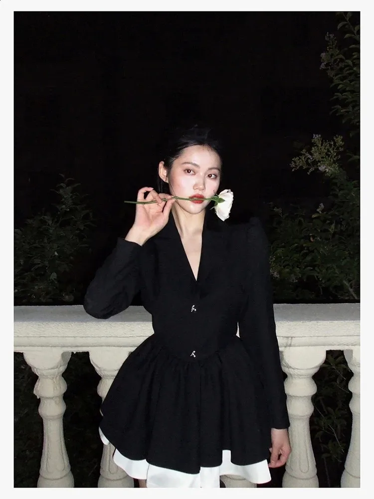 black suit dress Ohsisa New Arrival Women Korean Suit Dress V-neck Button Decor Long Sleeve Dresses Lady Elegant Black Casual Midi Long Dress