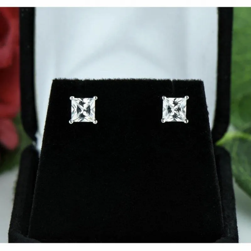 925 Sterling Silver Crystal Square Stud Earrings - 6mm - Unisex - 1 Pair
