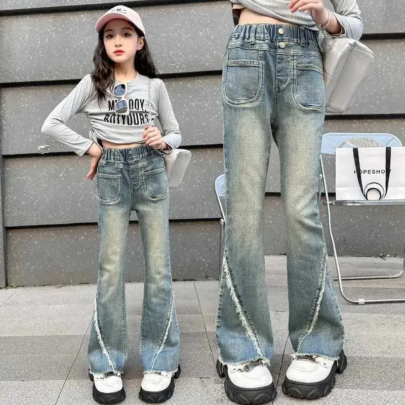 High-Waisted Flared Denim Jeans for Girls - Retro Y2K Style