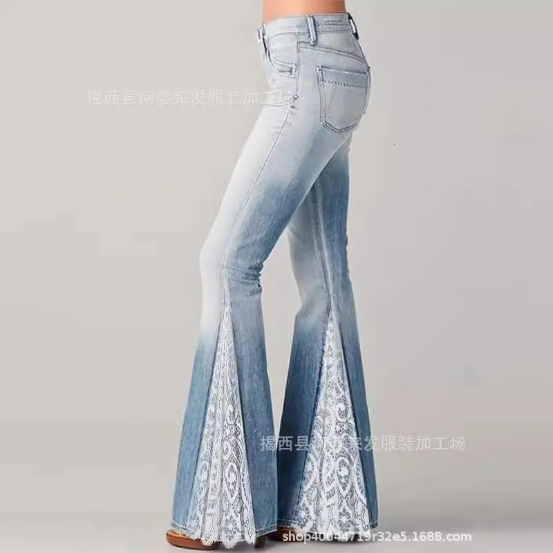Womens 2024 Gradient Lace Patchwork Flared Denim Jeans from