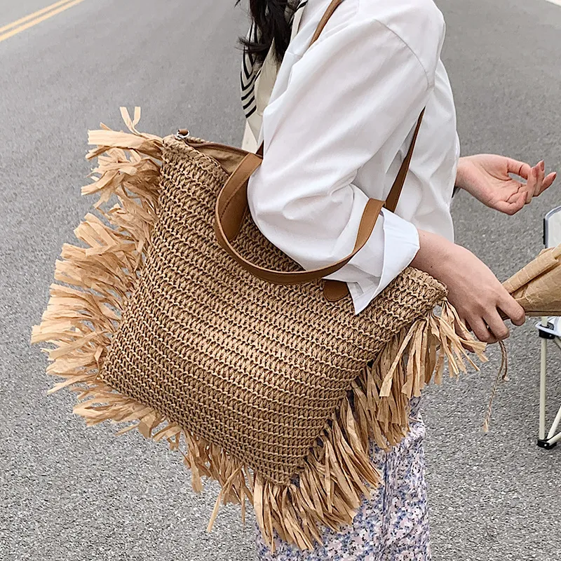 Handwoven Straw Tote Bag - Large Capacity Tassel Beach Bag 
