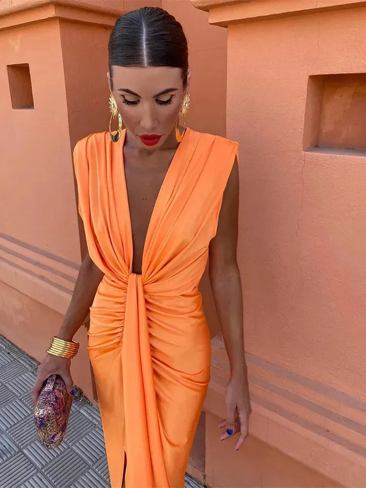 Sexy Deep V-Neck Pleated Midi Dress for Women, Elegant Sleeveless Front  Split Slim Fit, Summer Chic Female Evening Party Robe 240801 from Dhgate  Basic & Casual Dresses - price 61.84