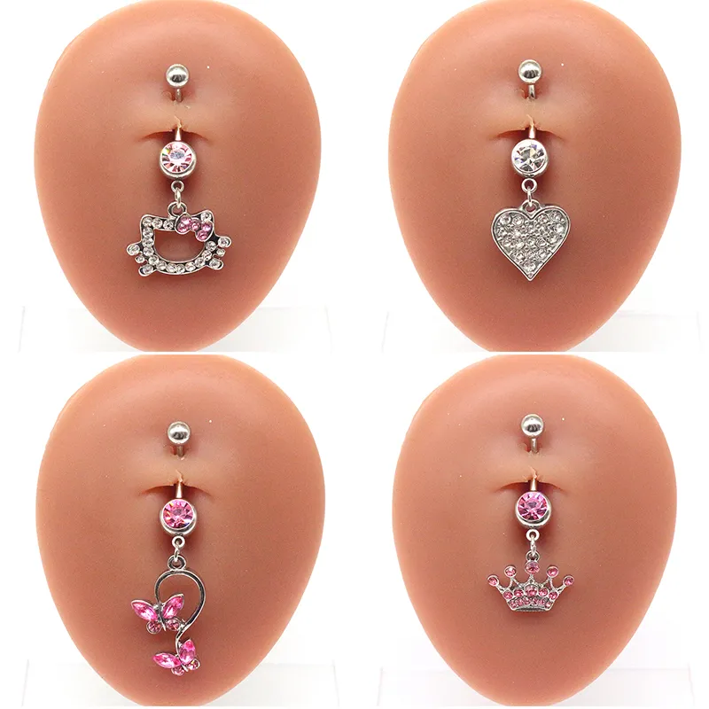 Trendy Belly Button Ring With Pink Butterfly And Cat Design Stainless ...