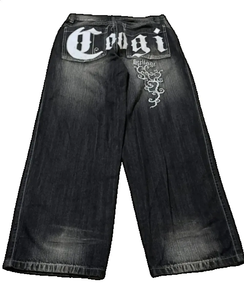 Black Wide Leg Straight Jeans - Harajuku Punk Y2K Embroidery