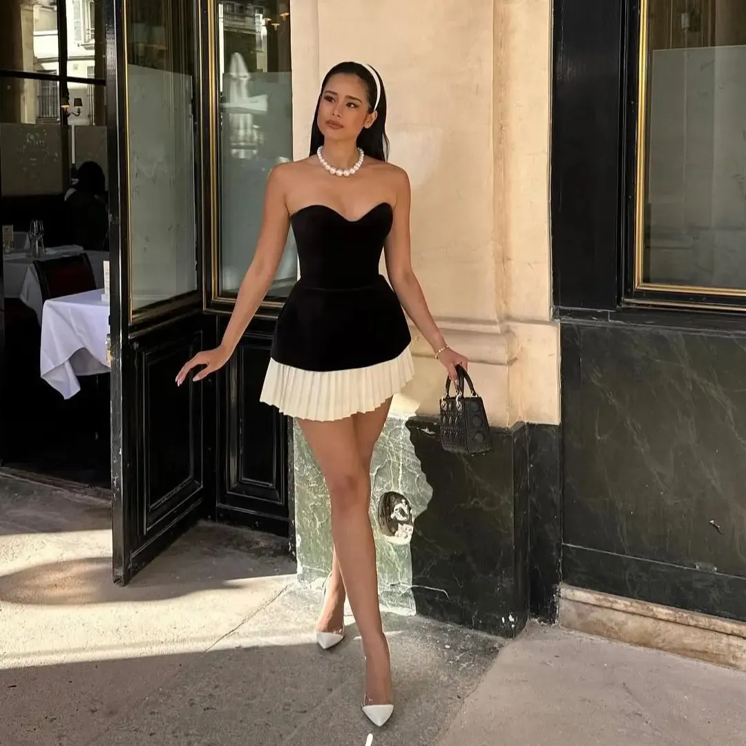 Putao Modern Black Velvet White A-Line Short Party Dress Tight Corset Lace  Top Back Celebrity Mini Cocktail 240801