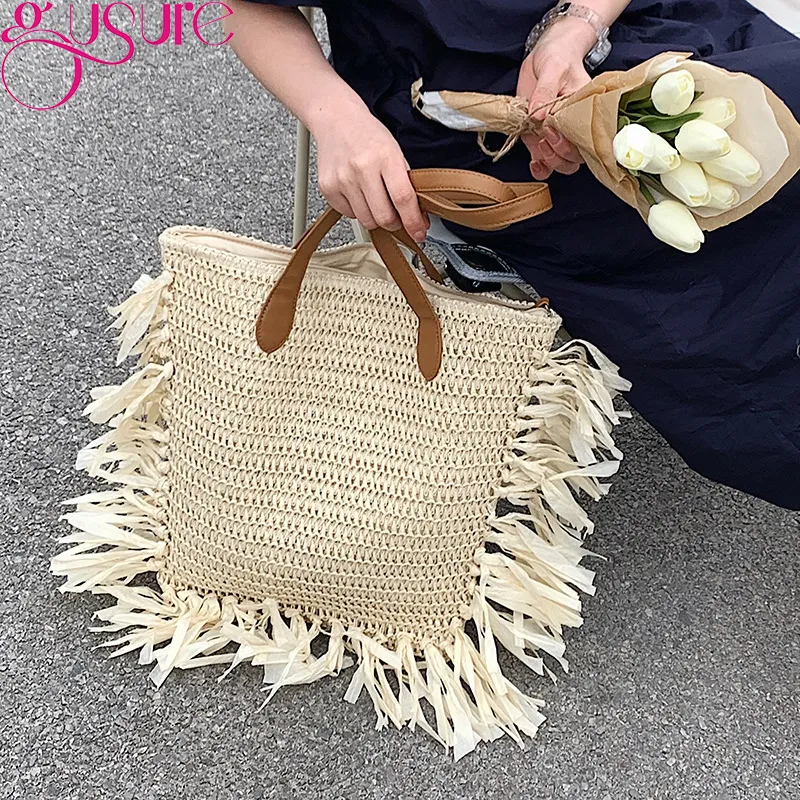 Straw Backpack Eco Friendly Travel Beach Casual Womens Large Capacity Handwoven Straw Tote Bag - Large Capacity Tassel Beach Bag  main image 4