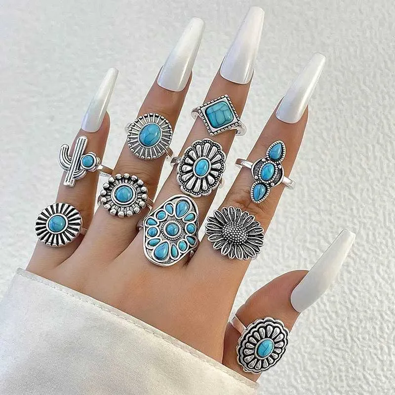 10-Piece Stone Flower Joint Ring Set with Cactus,...