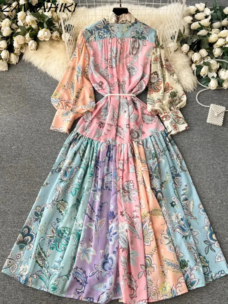 Chiffon Temperament Long Dress for Women Stand Neck Korean Femme Robe Puff  Sleeve Vestido De Mujer Print Bandage Female Clothing 240802