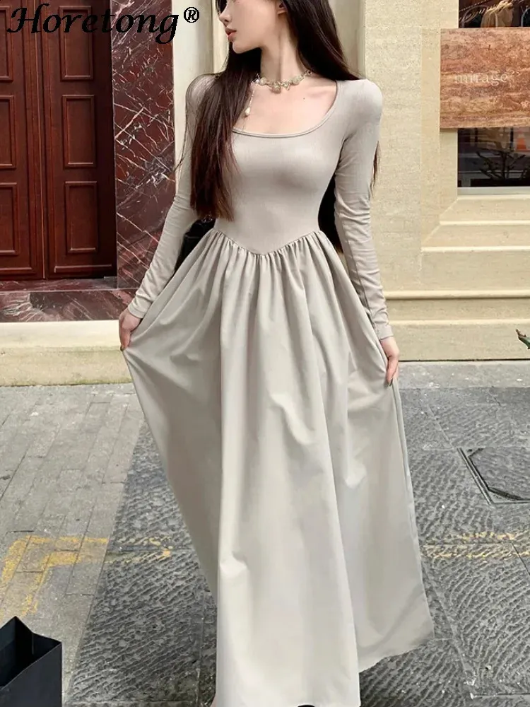 Korean Fashion Horetong Knitted maxi dress for Women - Long Sleeve, Square Collar, High Waist, Autumn/Winter A-line Clothing (240802) Korean Fashion Horetong Knitted maxi dress for Women - Long Sleeve, Square Collar, High Waist, Autumn/Winter A-line Clothing (240802)