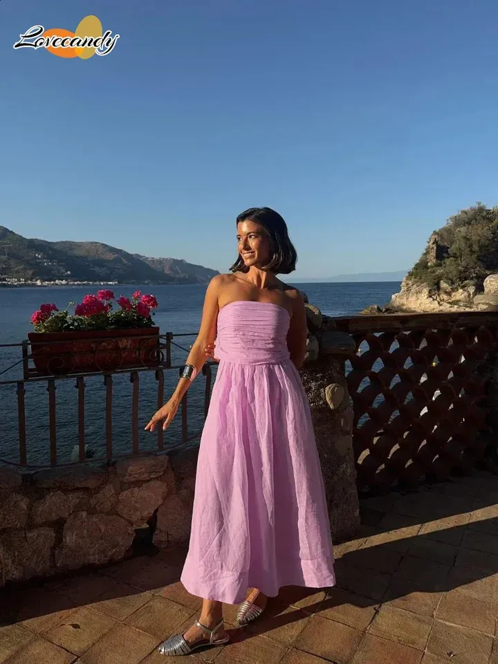 Womens Sexy Strapless Pink Pleated Ramie Maxi Dress, Chic Off