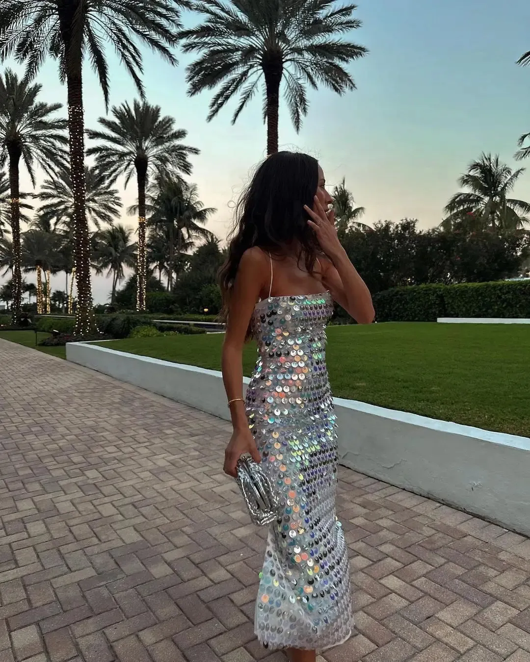 Sequin Maxi Dress: Sleeveless Spaghetti Strap Silver/Green Elegant  Party/Birthday Dress