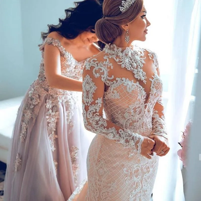 chinese dress ladies Wedtrend Women Boho Wedding Dress Ivory Lace Chiffon V-Neck Long Sleeve Bridal Dress, Ivory / US8 main image 1