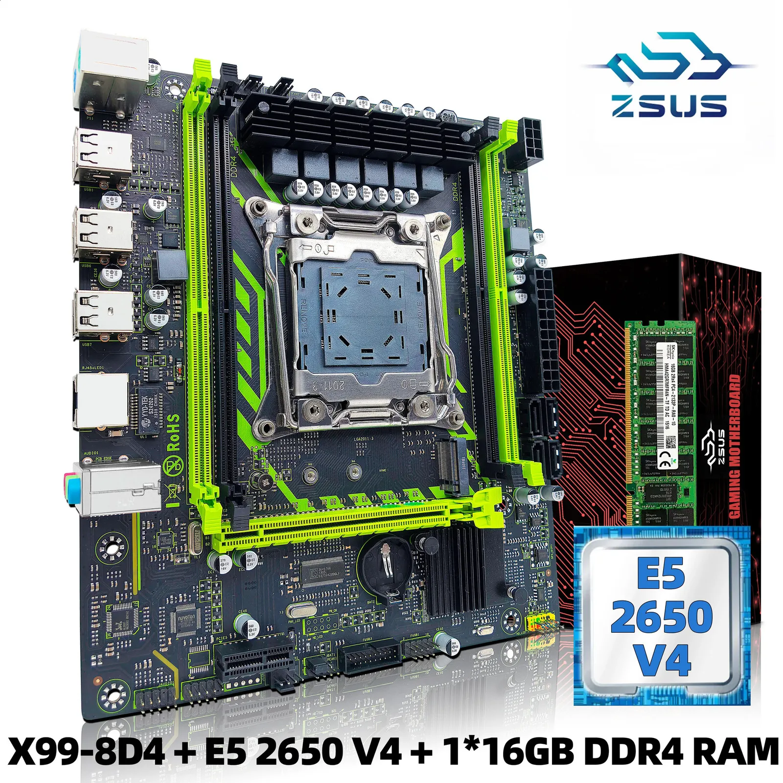 ZSUS X99-8D4 Motherboard Set Kit With Intel LGA2011-3 Xeon E5 2650 V4 CPU DDR4 16GB 1*16GB 2133MHZ RAM Memory NVME M.2 SATA 240731