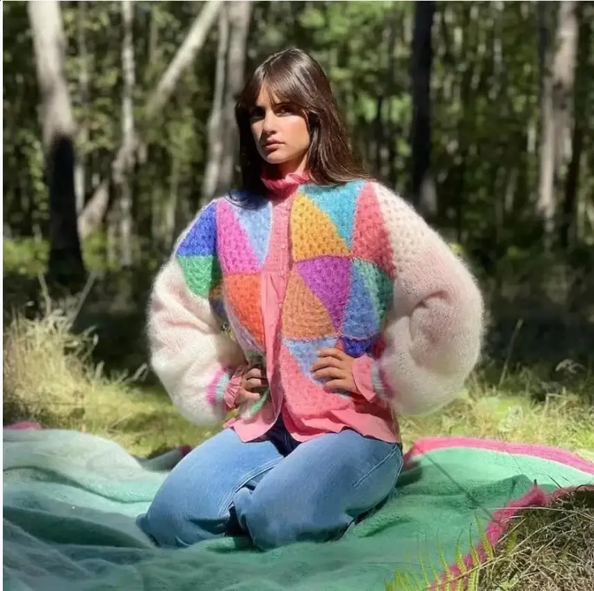 Rainbow Striped Cardigan Vintage Rainbow Cardigan Mohair Sweater Rainbow  Cardigan Sweater Vintage Bean Womens Large - Main Image