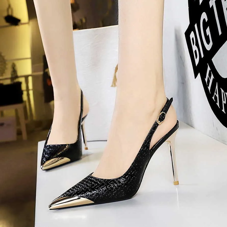 373 19 Style High Heels for Women Thin Heel Metal Pointed Toe Back Strap Single Shoe
