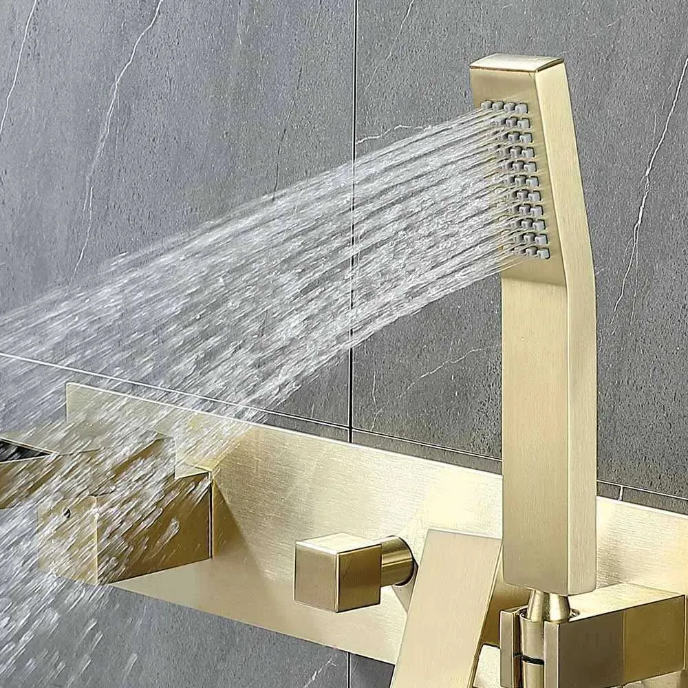 Bath Mixer Tap With Hand Shower, Brass Wall Mounted Single Lever Bath Mixer Shower Mixer Tap Brushed Gold