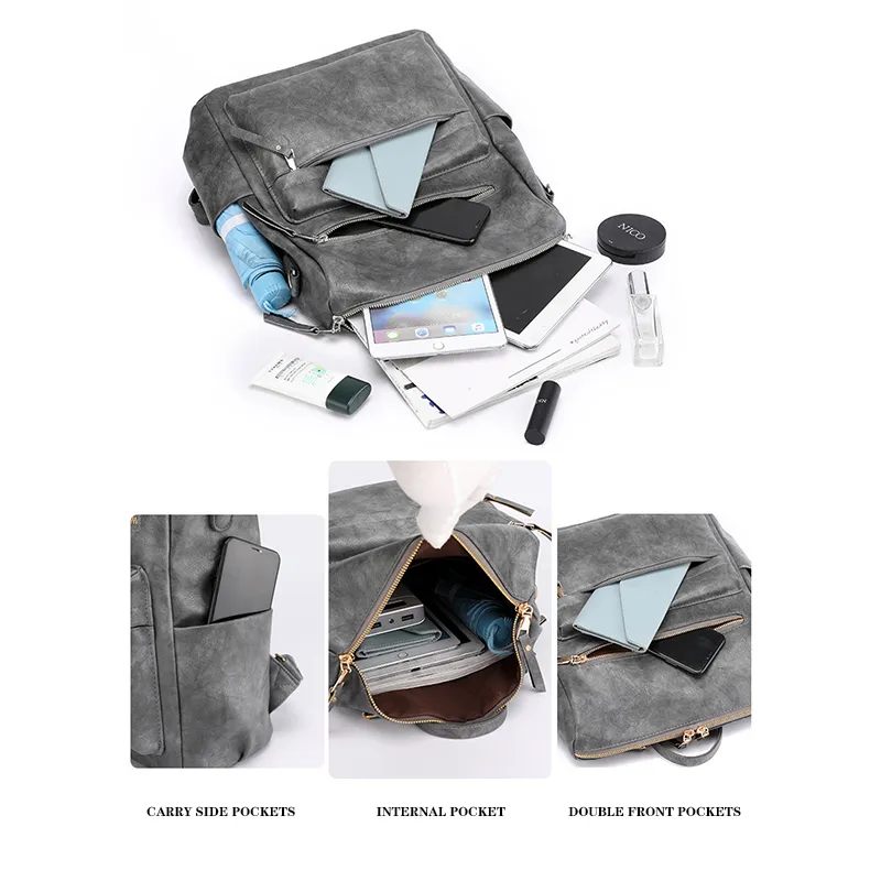 Anti-Theft Leather Backpack Womens Travel School Bag with USB