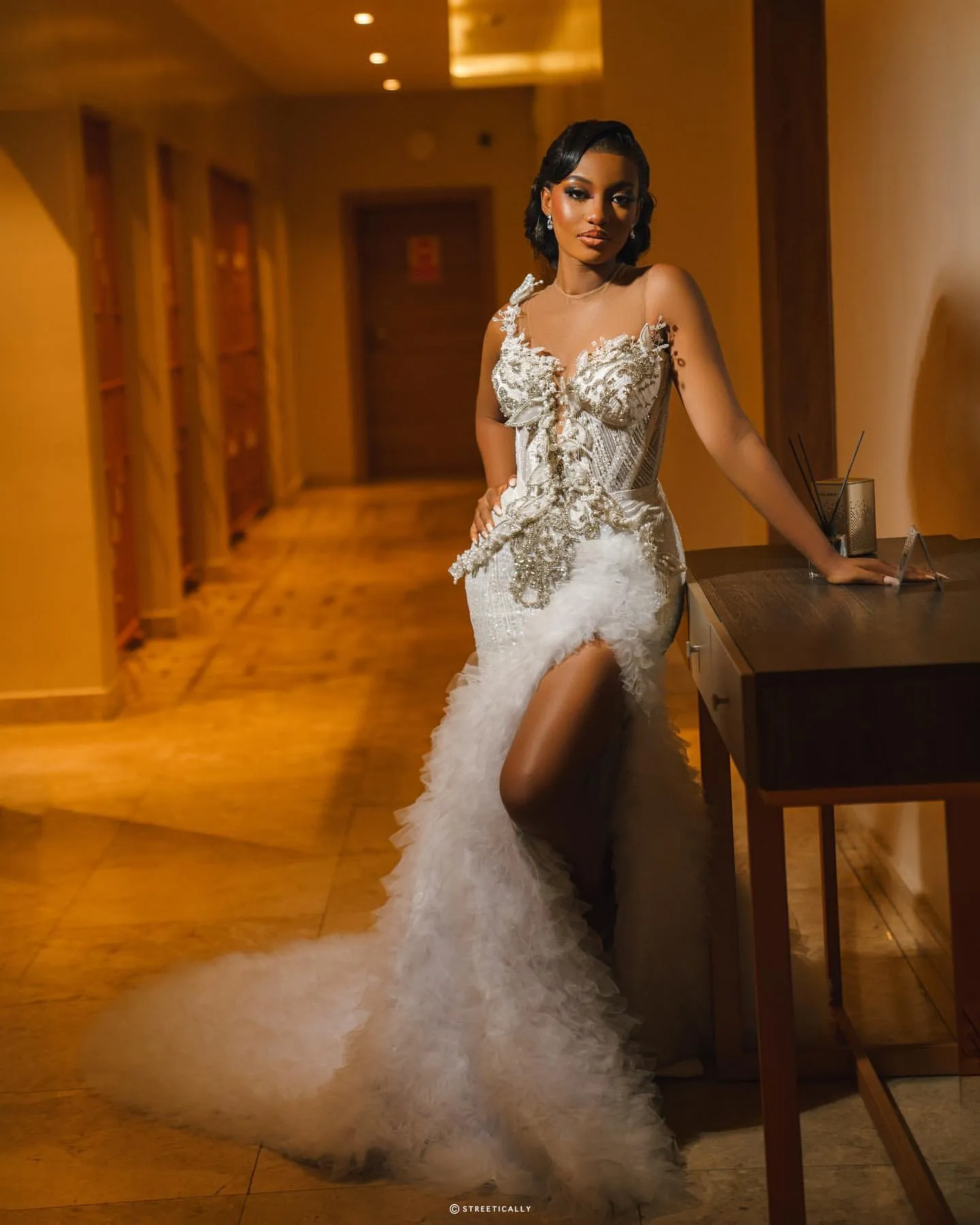 Plus Size Ivory Mermaid Wedding Dress with Lace-Up Back Pearls Beads Floral  Tulle Lace Sweep Train