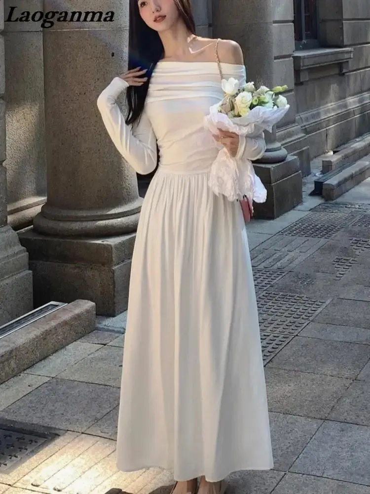 Off Shoulder Womens White Long Sleeve Dress Elegant Long Sleeve