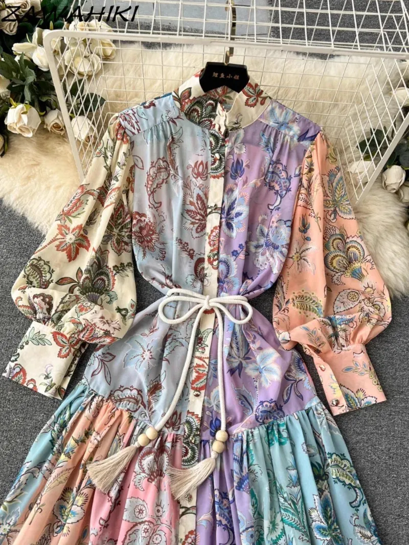 Korean Style Chiffon Long dress with Sleeves and Stand Neckline for Women - Elegant Print Bandage Style - Vestido de Mujer - 240802