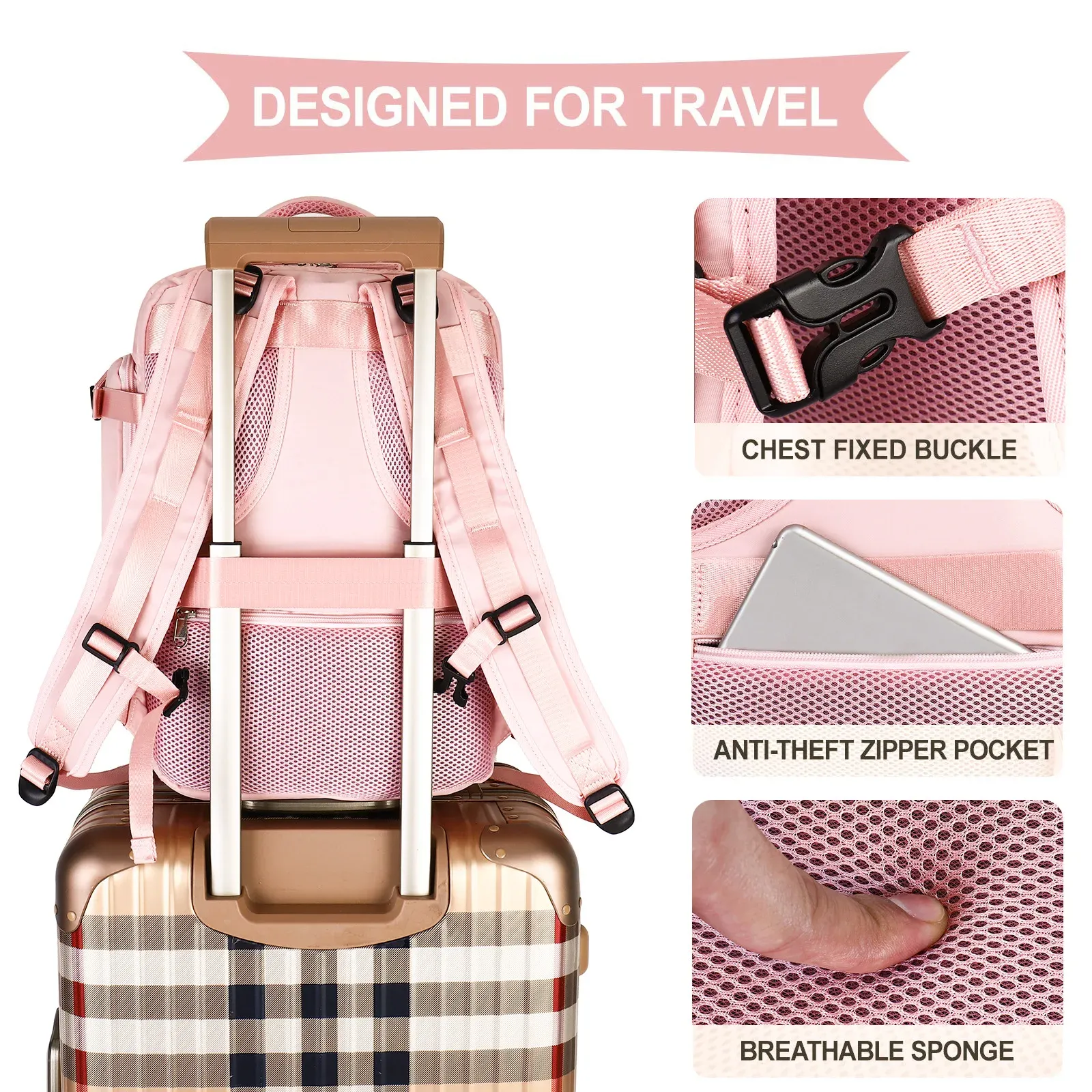 Pink Utility Type Backpack Pink Waterproof Travel Backpack for Women: Lightweight Multipurpose ...