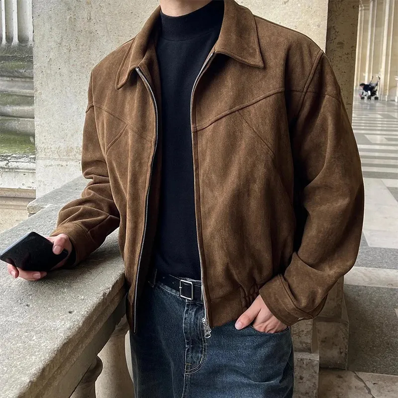 Mens Faux Leather Bomber Jacket Turndown Collar Spring Retro