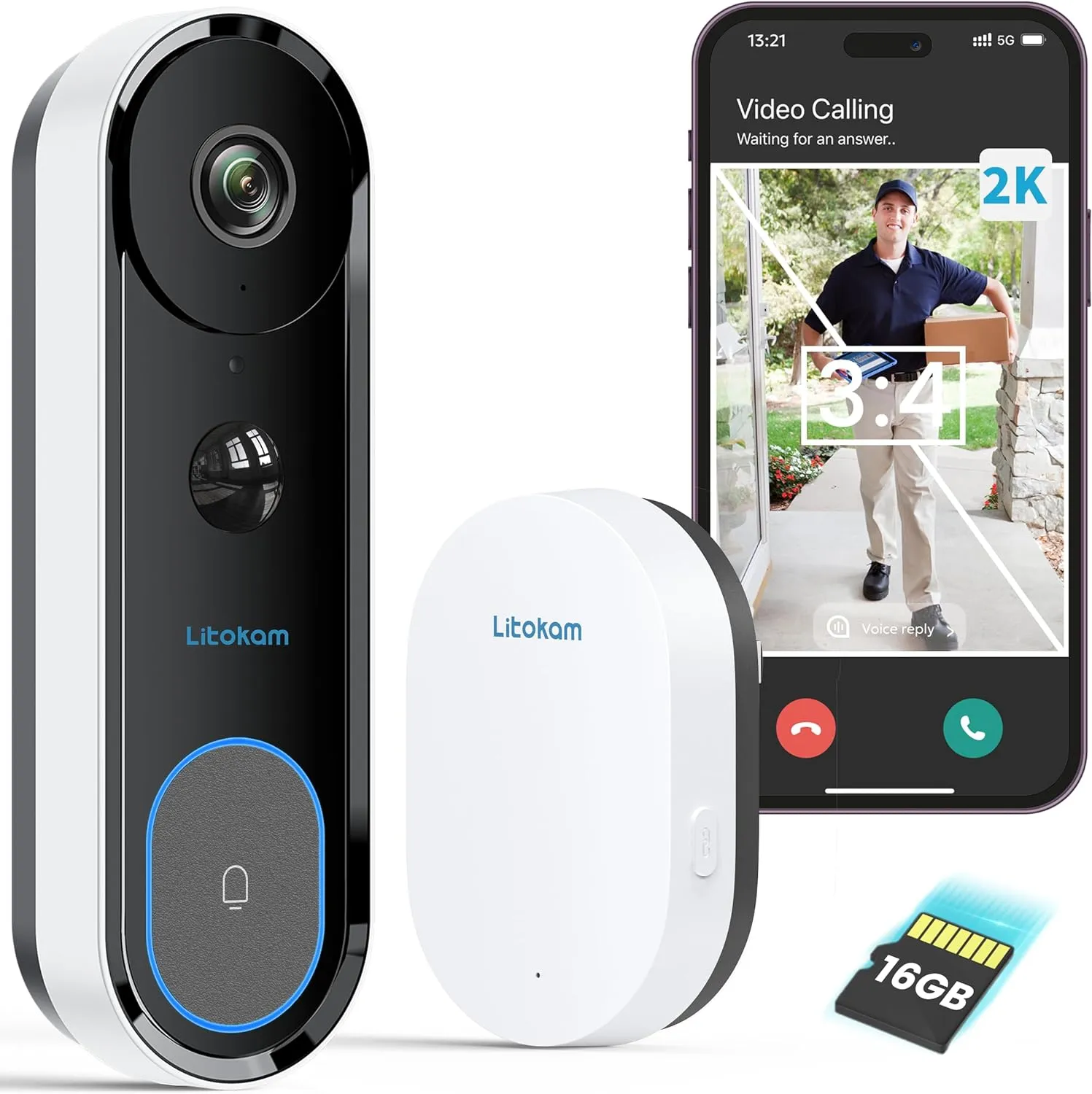 Toe Camera 2K Video Doorbell Camera Battery Powered Wireless with Chime, 3:4 Head ...